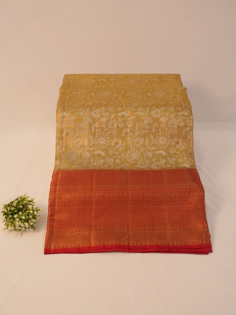 Shop Mustard Gold Kanchipuram Silk Saree with Red Border