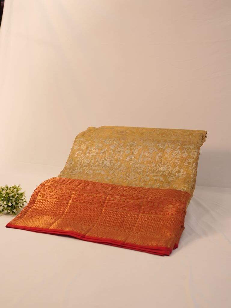 Shop Mustard Gold Kanchipuram Silk Saree with Red Border - Image 6