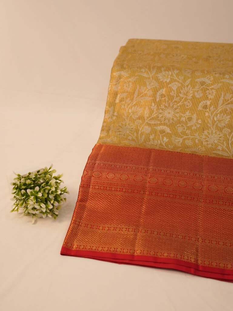 Shop Mustard Gold Kanchipuram Silk Saree with Red Border - Image 4