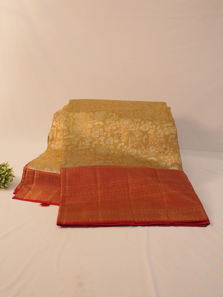 Shop Mustard Gold Kanchipuram Silk Saree with Red Border - Image 7