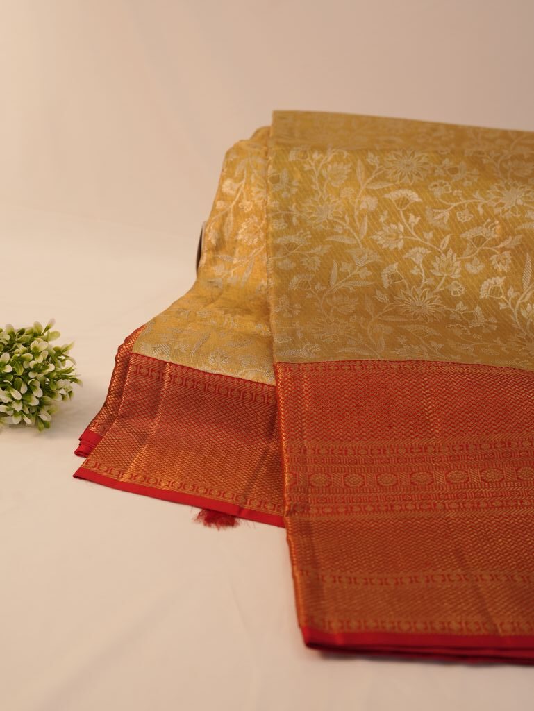 Shop Mustard Gold Kanchipuram Silk Saree with Red Border - Image 5